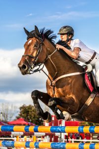Close-up of horse with a rider jumping over a hurdle at a competition. The photo shows the moment when the horse front legs exceed the hurdle while its back legs are still on the ground. The female rider is raised in the saddle and leaning forward while the horse prances. The rider and the horse seem coordinated and synchronized. In the background is a blue sky with clouds.